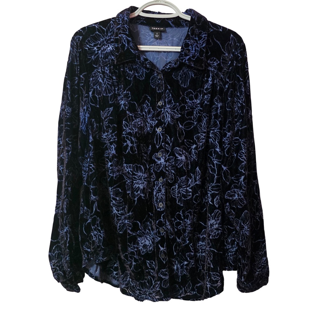 Torrid Womens Plus Black‎ Blue Floral Crushed Velvet Button Down Blouse 1X